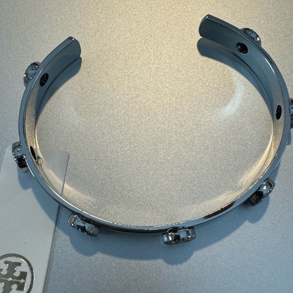 Tory Burch NWT Silver Milgrain Logo-Plaque Cuff Bracelet - Picture 11 of 14